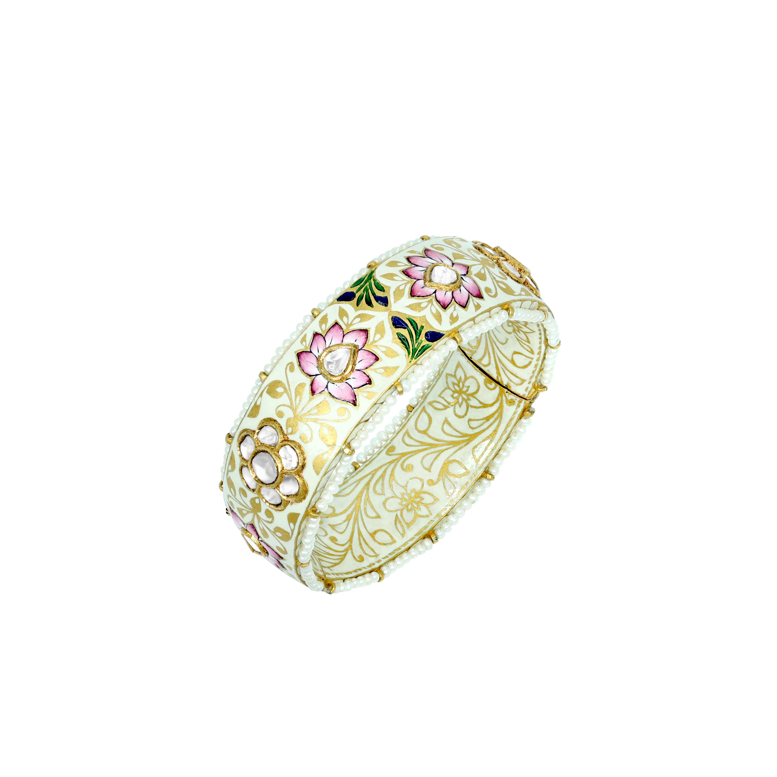 Pink Lotus Enamel Bangle with Polki and Pearl Edges